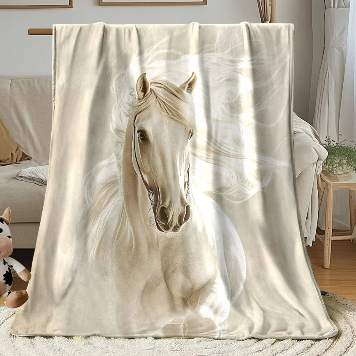 Blanket - Portable White Horse Design Throw, angled view - House Of Avana