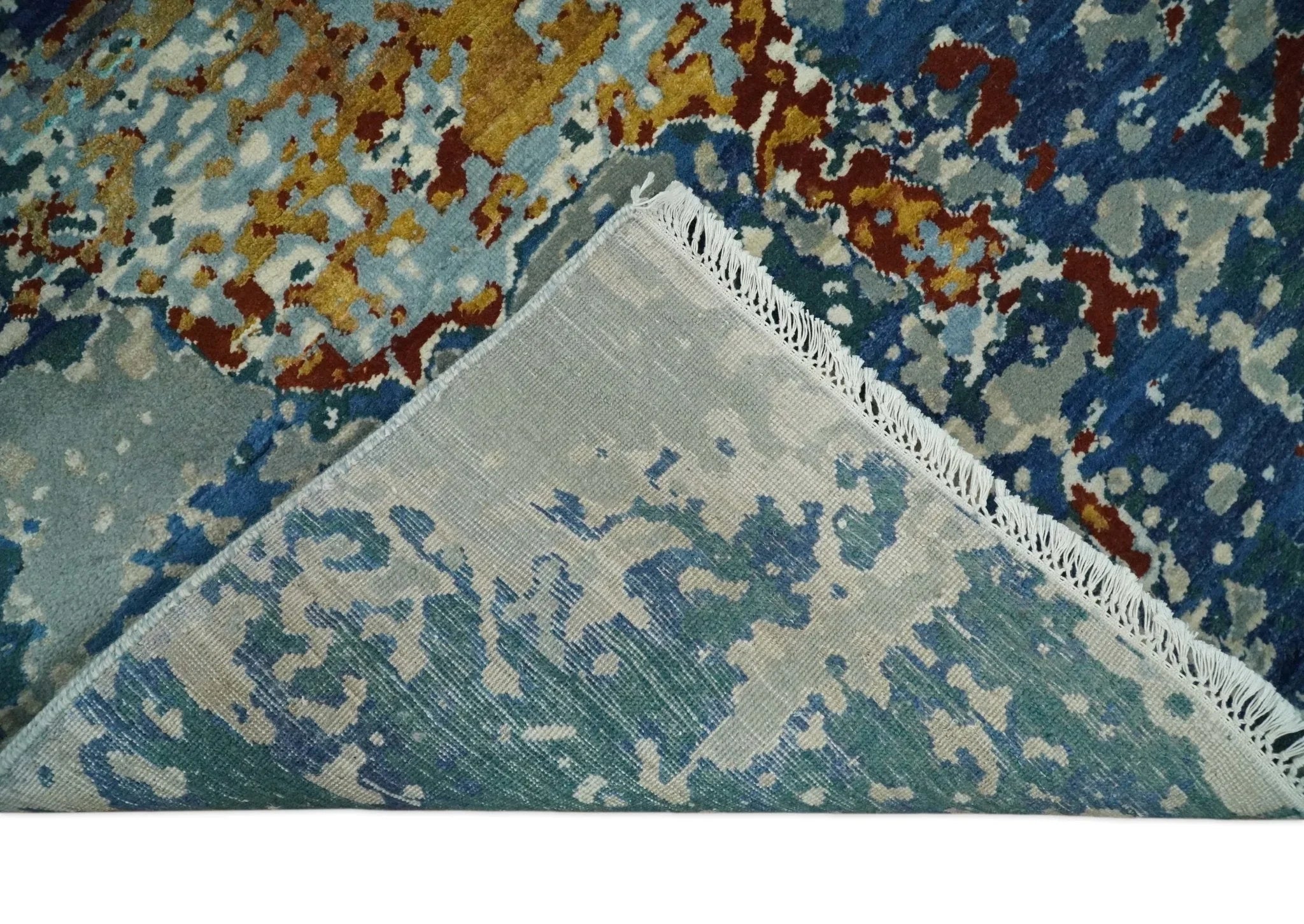 2.6x10 Fine Hand Knotted Blue Modern Abstract Wool and Silk Runner Area Rug | Agr12, angled view - House Of Avana