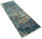 2.6x10 Fine Hand Knotted Blue Modern Abstract Wool and Silk Runner Area Rug | Agr12, angled view - House Of Avana
