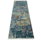 2.6x10 Fine Hand Knotted Blue Modern Abstract Wool and Silk Runner Area Rug | Agr12, angled view - House Of Avana