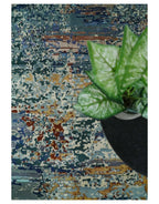 2.6x10 Fine Hand Knotted Blue Modern Abstract Wool and Silk Runner Area Rug | Agr12, detail shot - House Of Avana