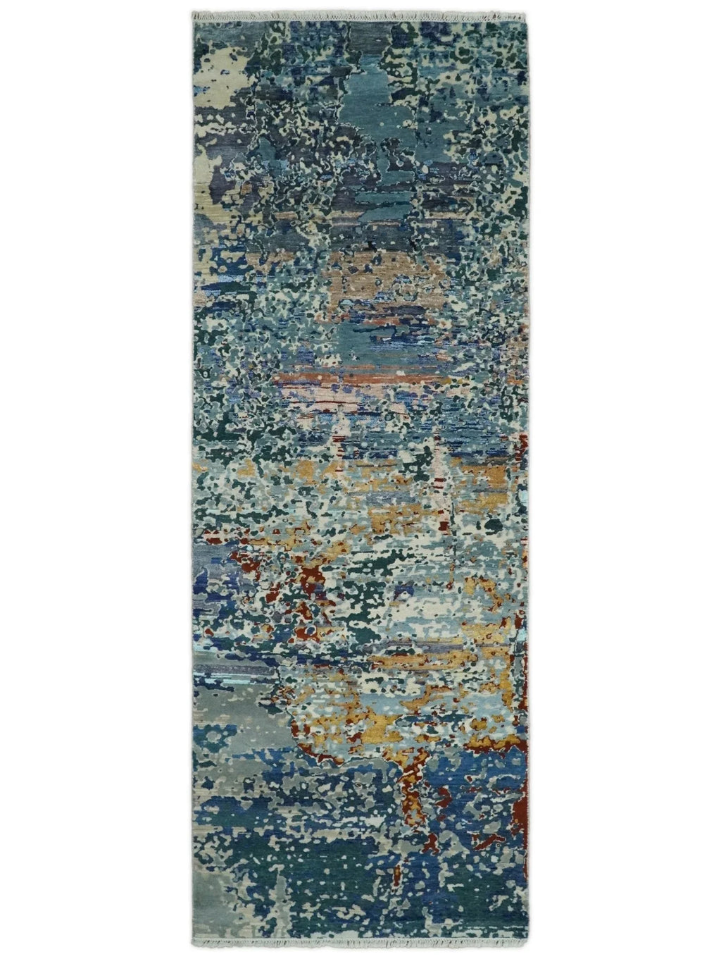 2.6x10 Fine Hand Knotted Blue Modern Abstract Wool and Silk Runner Area Rug | Agr12, front view - House Of Avana
