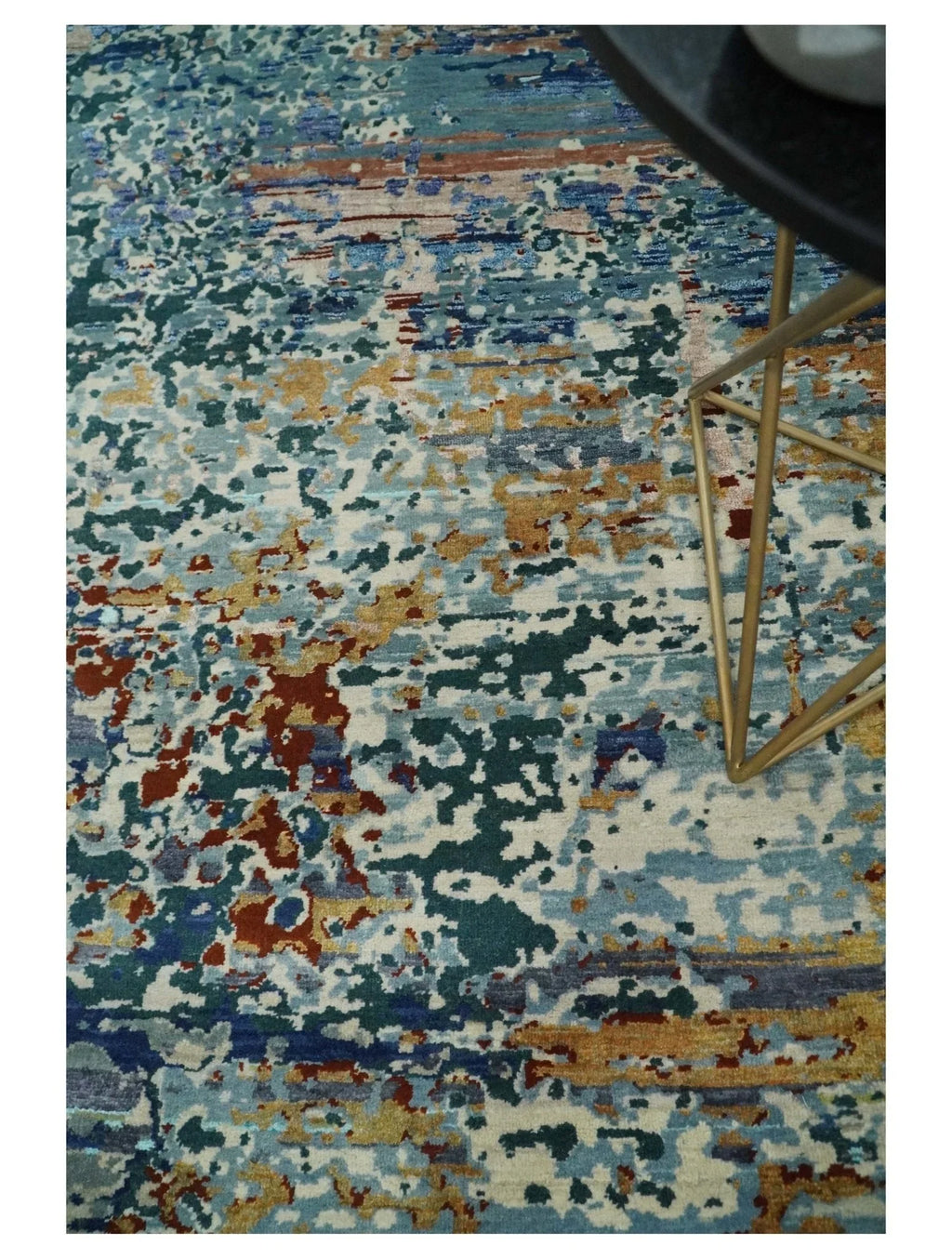 2.6x10 Fine Hand Knotted Blue Modern Abstract Wool and Silk Runner Area Rug | Agr12, lifestyle image - House Of Avana