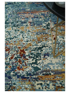 2.6x10 Fine Hand Knotted Blue Modern Abstract Wool and Silk Runner Area Rug | Agr12, lifestyle image - House Of Avana