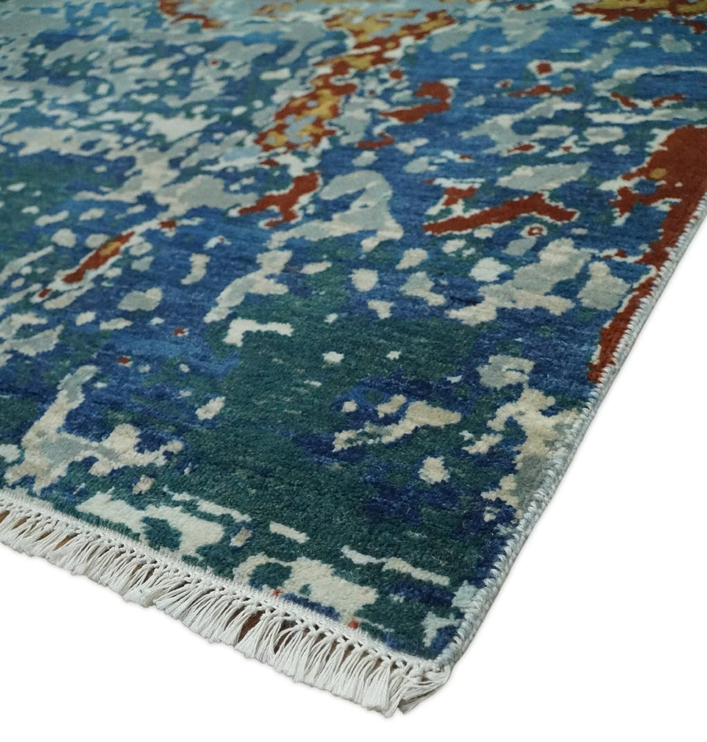 2.6x10 Fine Hand Knotted Blue Modern Abstract Wool and Silk Runner Area Rug | Agr12, side view - House Of Avana