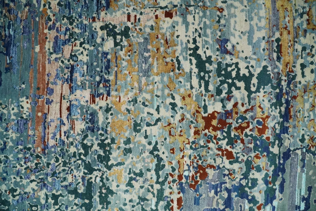 2.6x10 Fine Hand Knotted Blue Modern Abstract Wool and Silk Runner Area Rug | Agr12, texture detail - House Of Avana