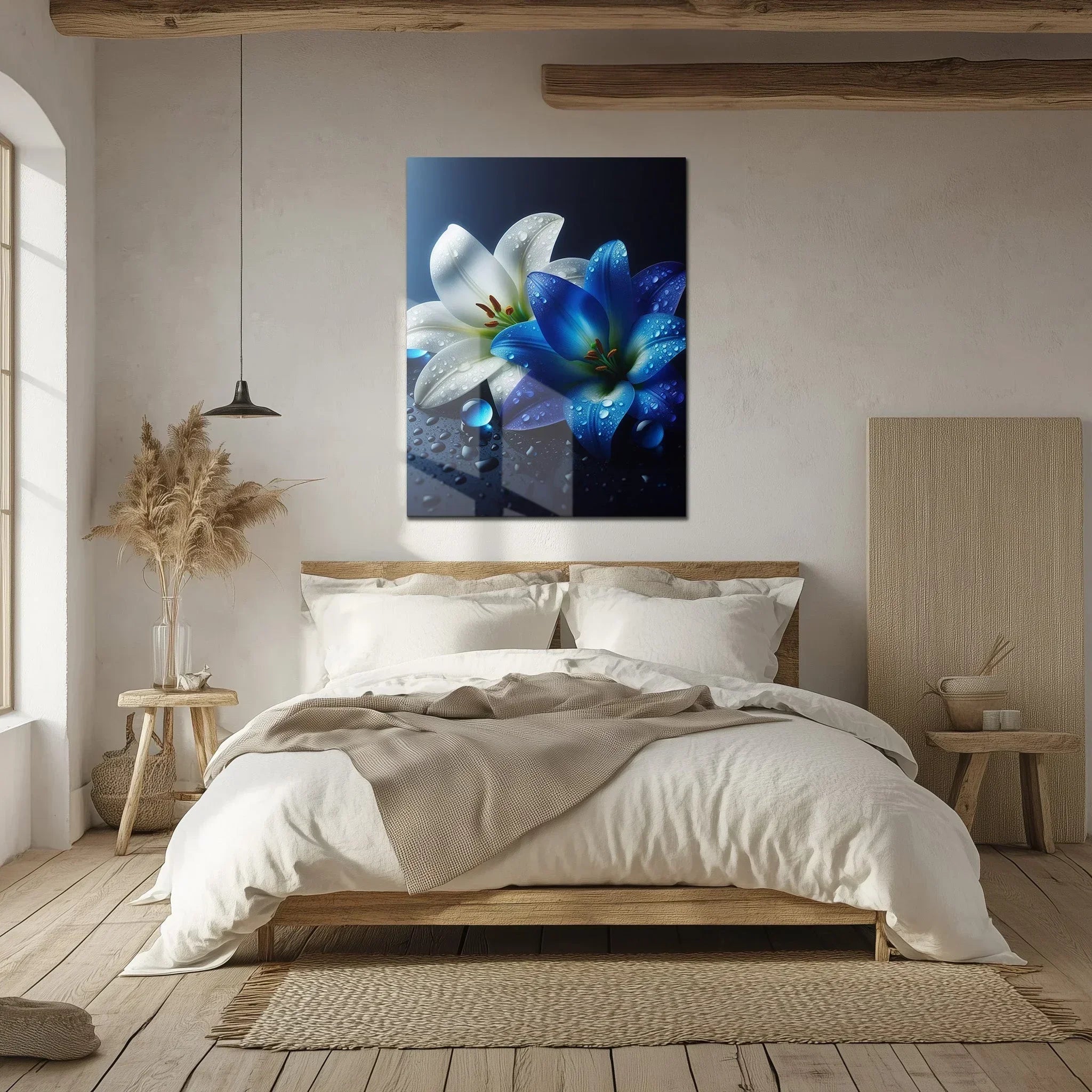 Blue and White Lilies with Dew Drops – Elegant Uv Glass Floral Wall Art - Kafcd096, detail shot - House Of Avana