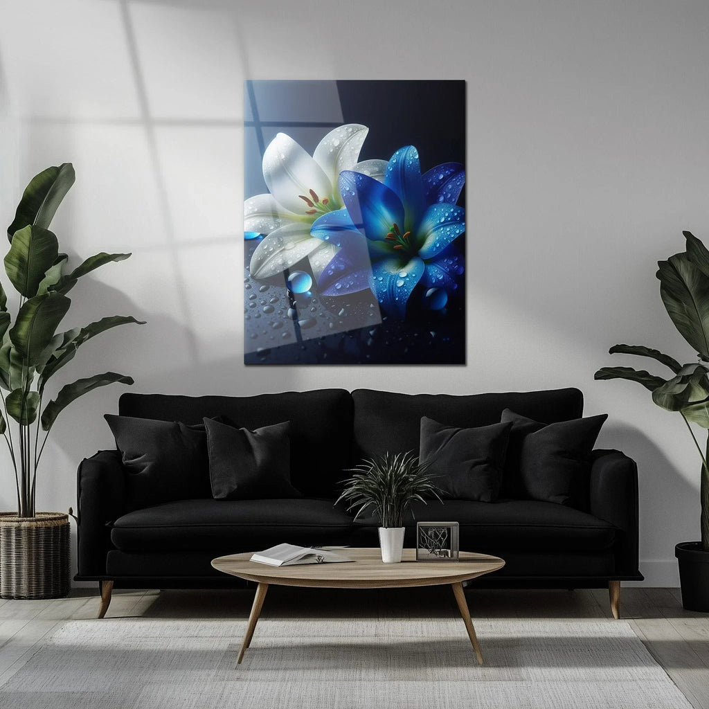 Blue and White Lilies with Dew Drops – Elegant Uv Glass Floral Wall Art - Kafcd096, lifestyle image - House Of Avana