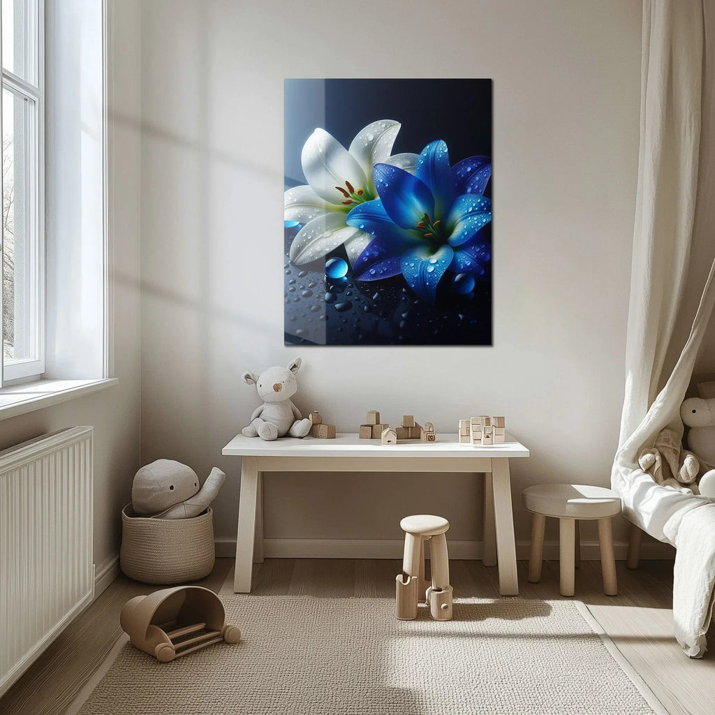 Blue and White Lilies with Dew Drops – Elegant Uv Glass Floral Wall Art - Kafcd096, top view - House Of Avana