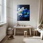 Blue and White Lilies with Dew Drops – Elegant Uv Glass Floral Wall Art - Kafcd096, top view - House Of Avana