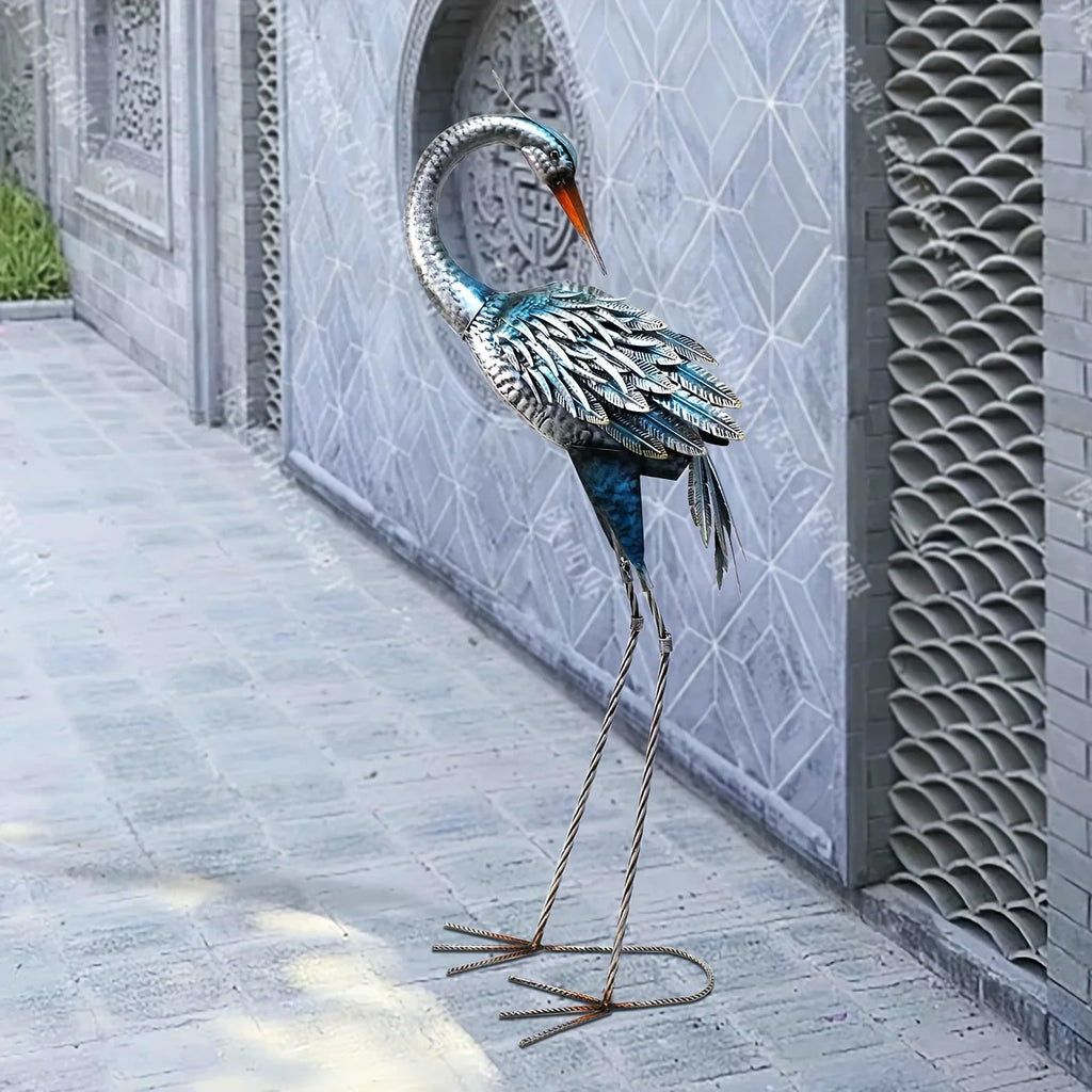 Rustic Metal Garden Crane Statue Outdoor Decor, Standing Heron Sculpture Lawn Ornaments, Blue Bird Lake... - House Of Avana