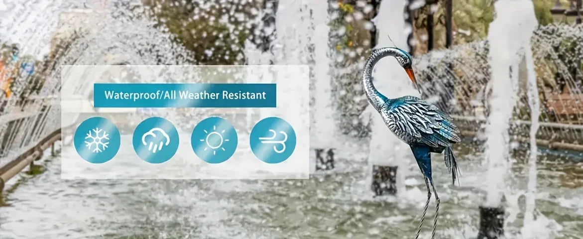 Rustic Metal Garden Crane Statue Outdoor Decor, Standing Heron Sculpture Lawn Ornaments, Blue Bird Lake... - House Of Avana