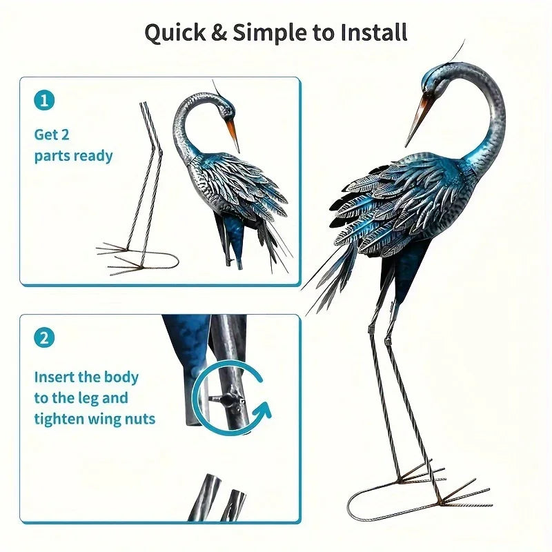 Rustic Metal Garden Crane Statue Outdoor Decor, Standing Heron Sculpture Lawn Ornaments, Blue Bird Lake... - House Of Avana