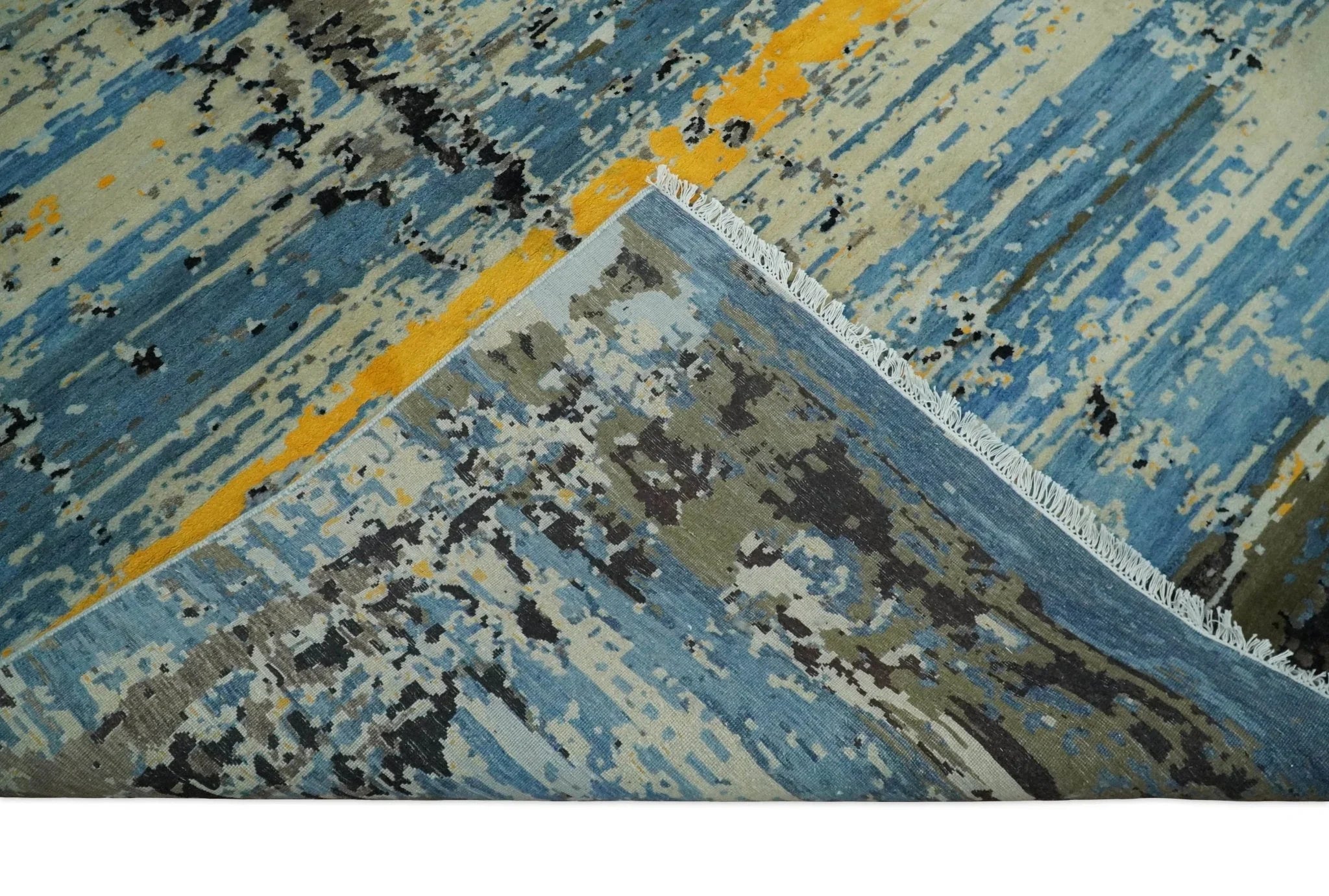 10x14 Fine Hand Knotted Blue and Black Modern Abstract Style Antique Wool and Silk Area Rug | Agr49,... - House Of Avana