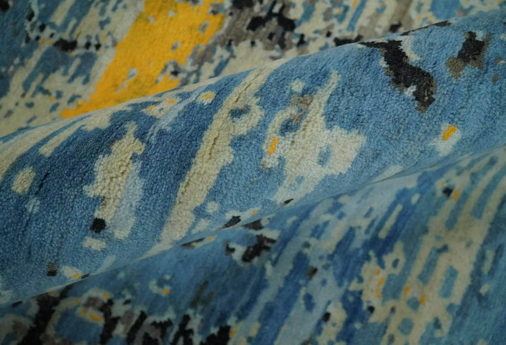 10x14 Fine Hand Knotted Blue and Black Modern Abstract Style Antique Wool and Silk Area Rug | Agr49,... - House Of Avana