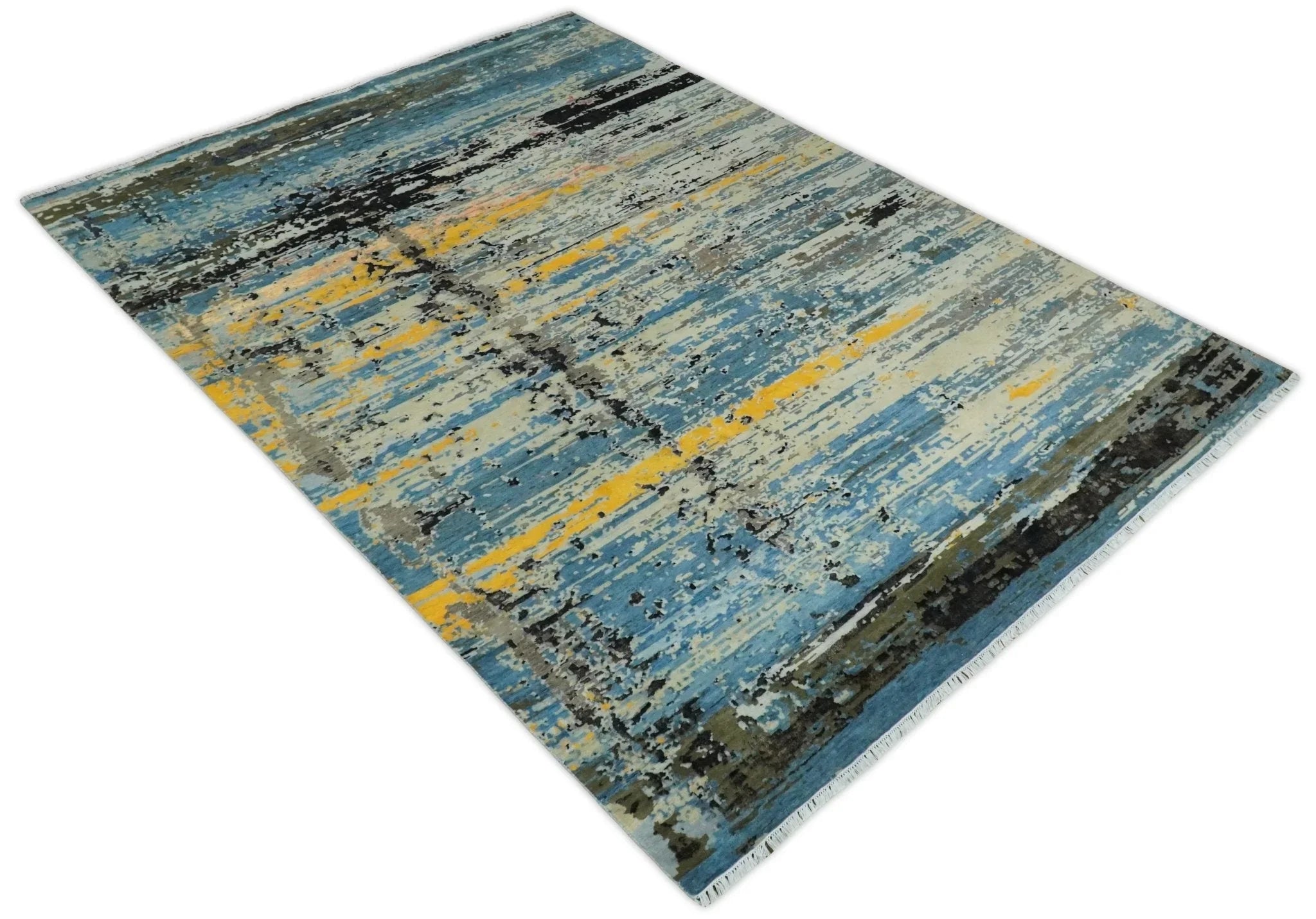 10x14 Fine Hand Knotted Blue and Black Modern Abstract Style Antique Wool and Silk Area Rug | Agr49,... - House Of Avana