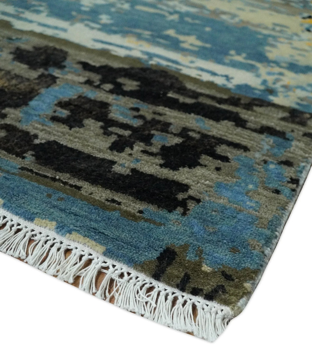 10x14 Fine Hand Knotted Blue and Black Modern Abstract Style Antique Wool and Silk Area Rug | Agr49,... - House Of Avana