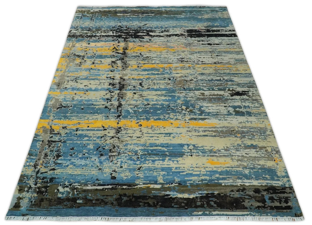 10x14 Fine Hand Knotted Blue and Black Modern Abstract Style Antique Wool and Silk Area Rug | Agr49,... - House Of Avana