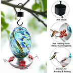 Blue Blown Glass Hummingbird Feeder with Perch and 4 Feeding Ports