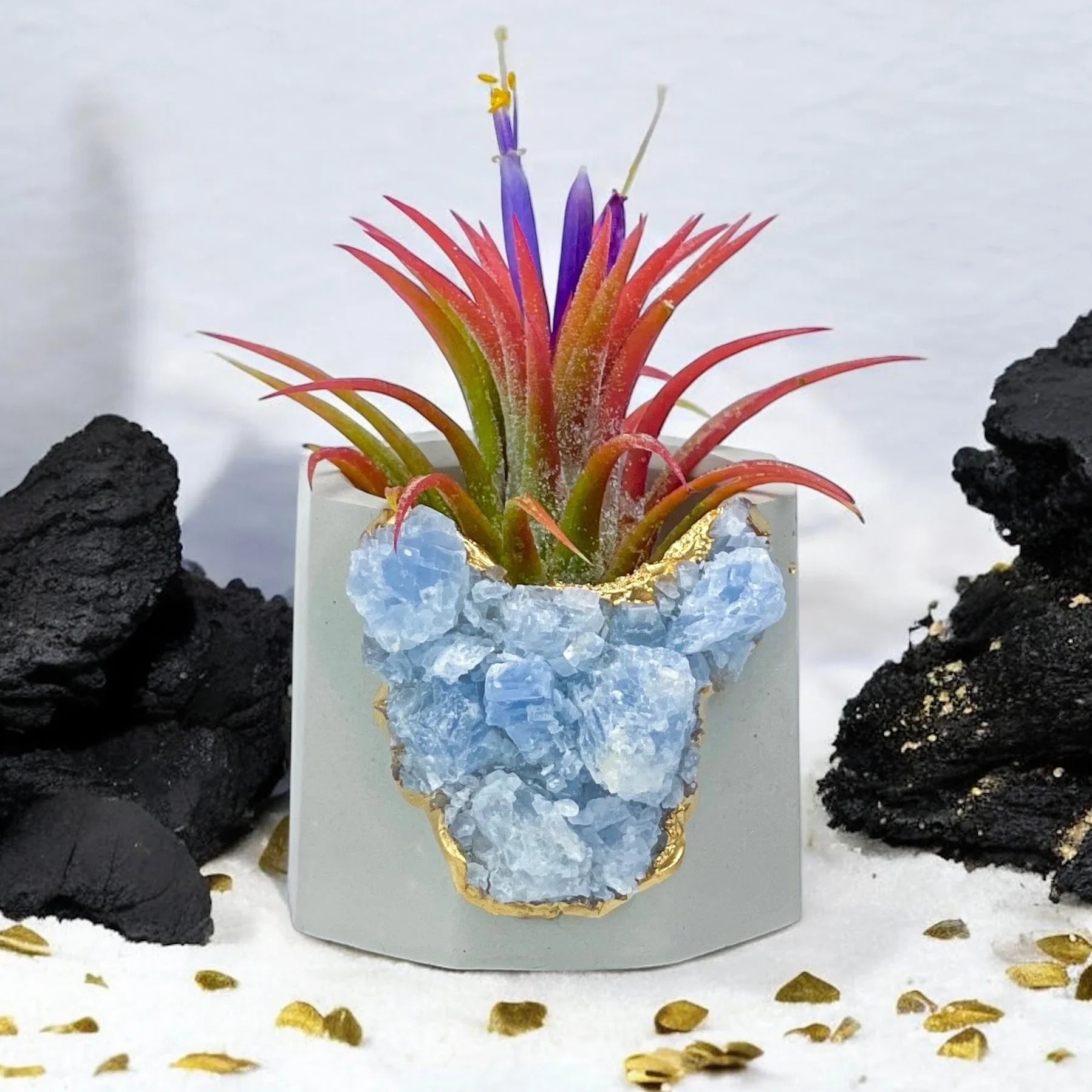 Blue Calcite Geode Planter with Natural Stone Layers, front view - House Of Avana