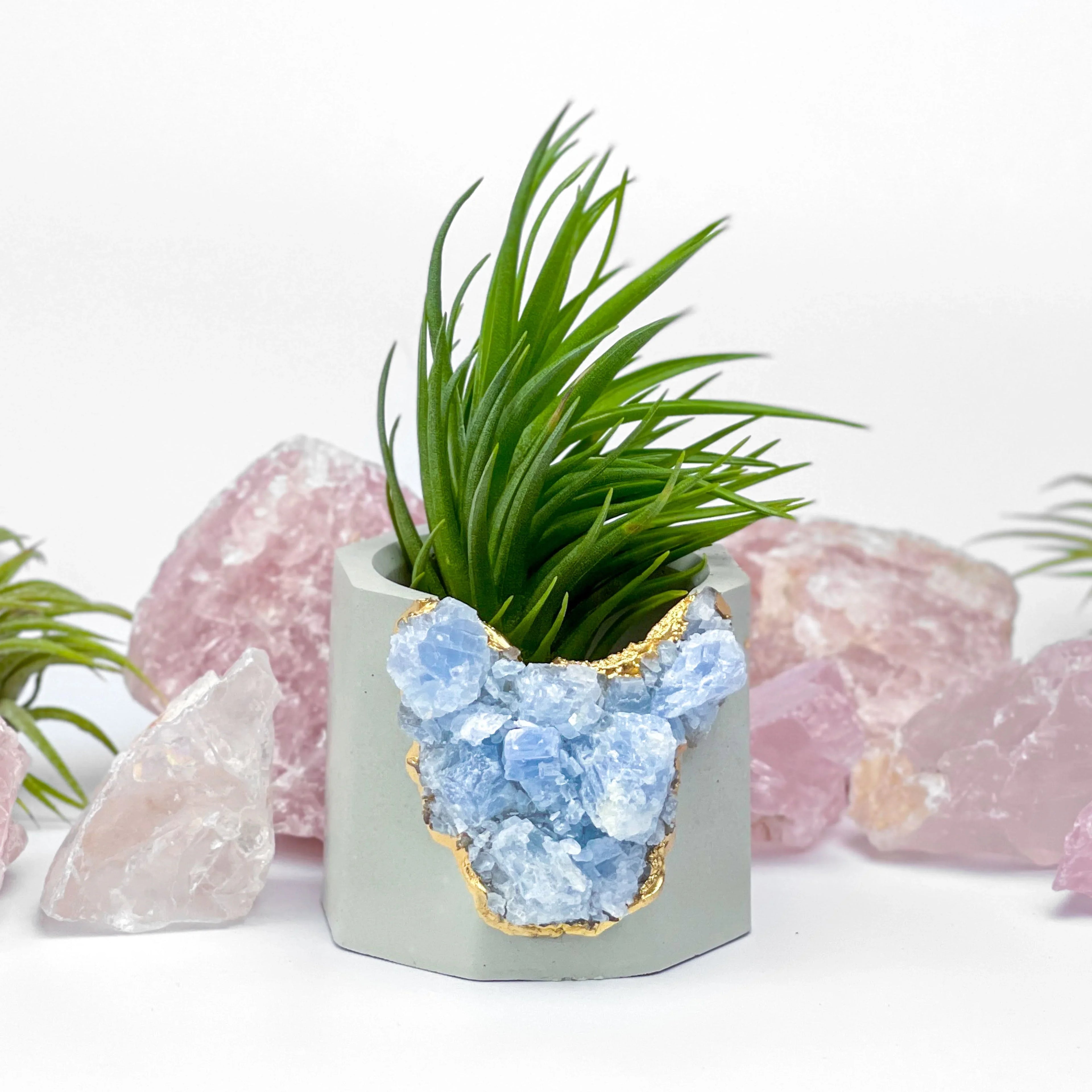 Blue Calcite Geode Planter with Natural Stone Layers, close-up view - House Of Avana