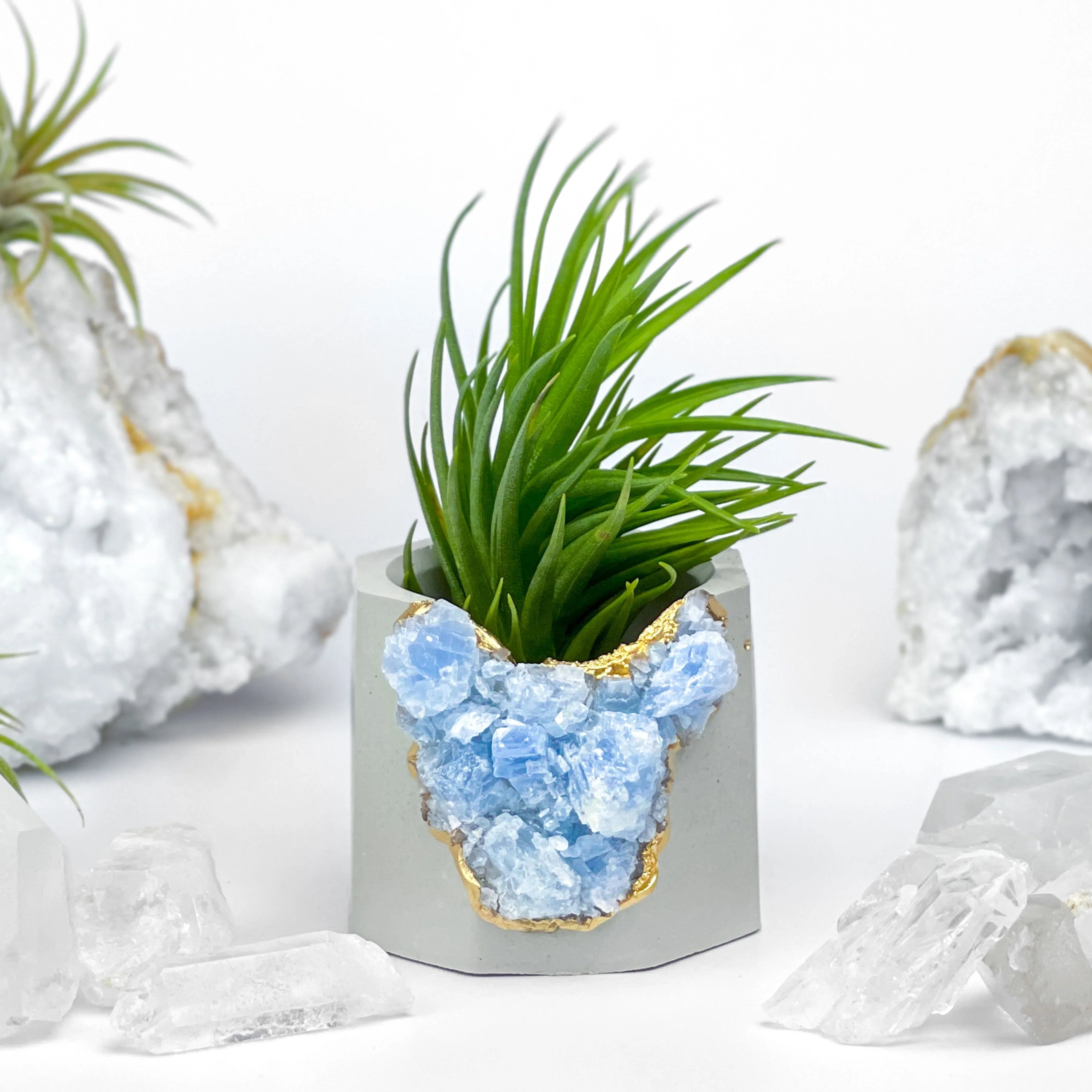 Blue Calcite Geode Planter with Natural Stone Layers, back view - House Of Avana