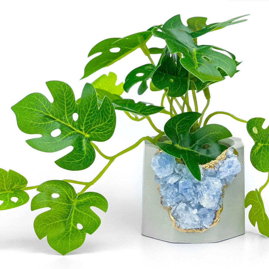 Blue Calcite Geode Planter with Natural Stone Layers, lifestyle image - House Of Avana