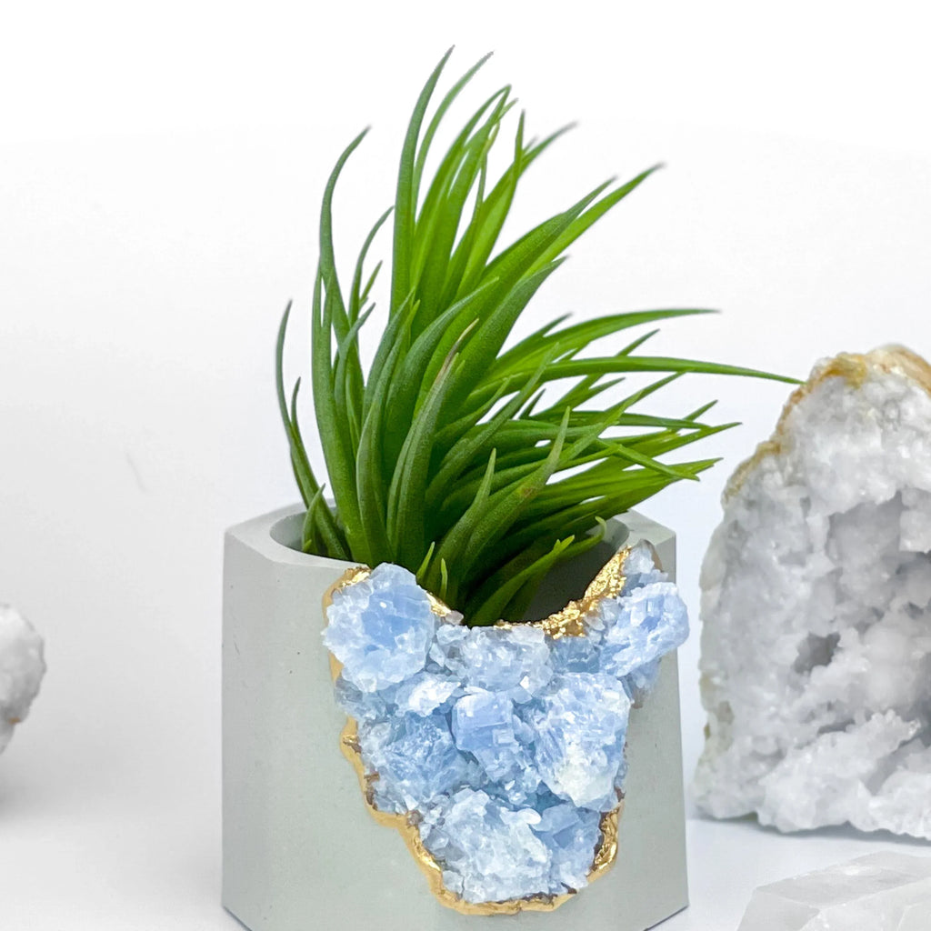 Blue Calcite Geode Planter with Natural Stone Layers, angled view - House Of Avana