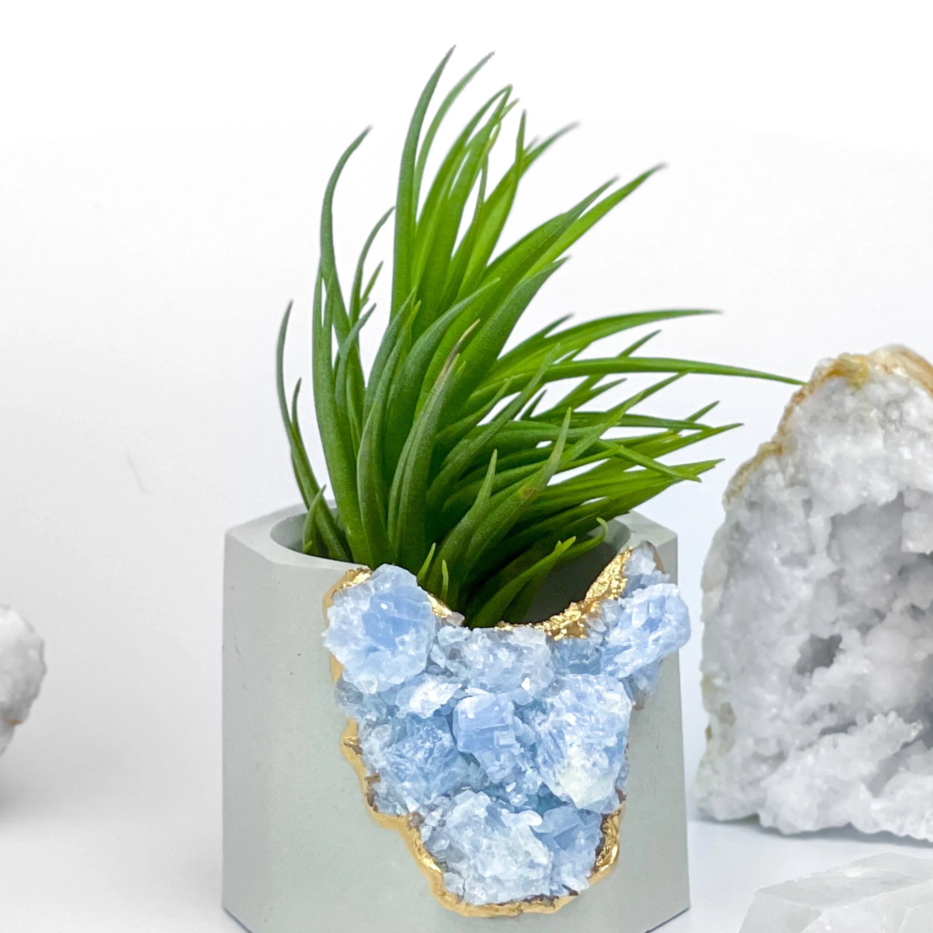 Blue Calcite Geode Planter with Natural Stone Layers, angled view - House Of Avana