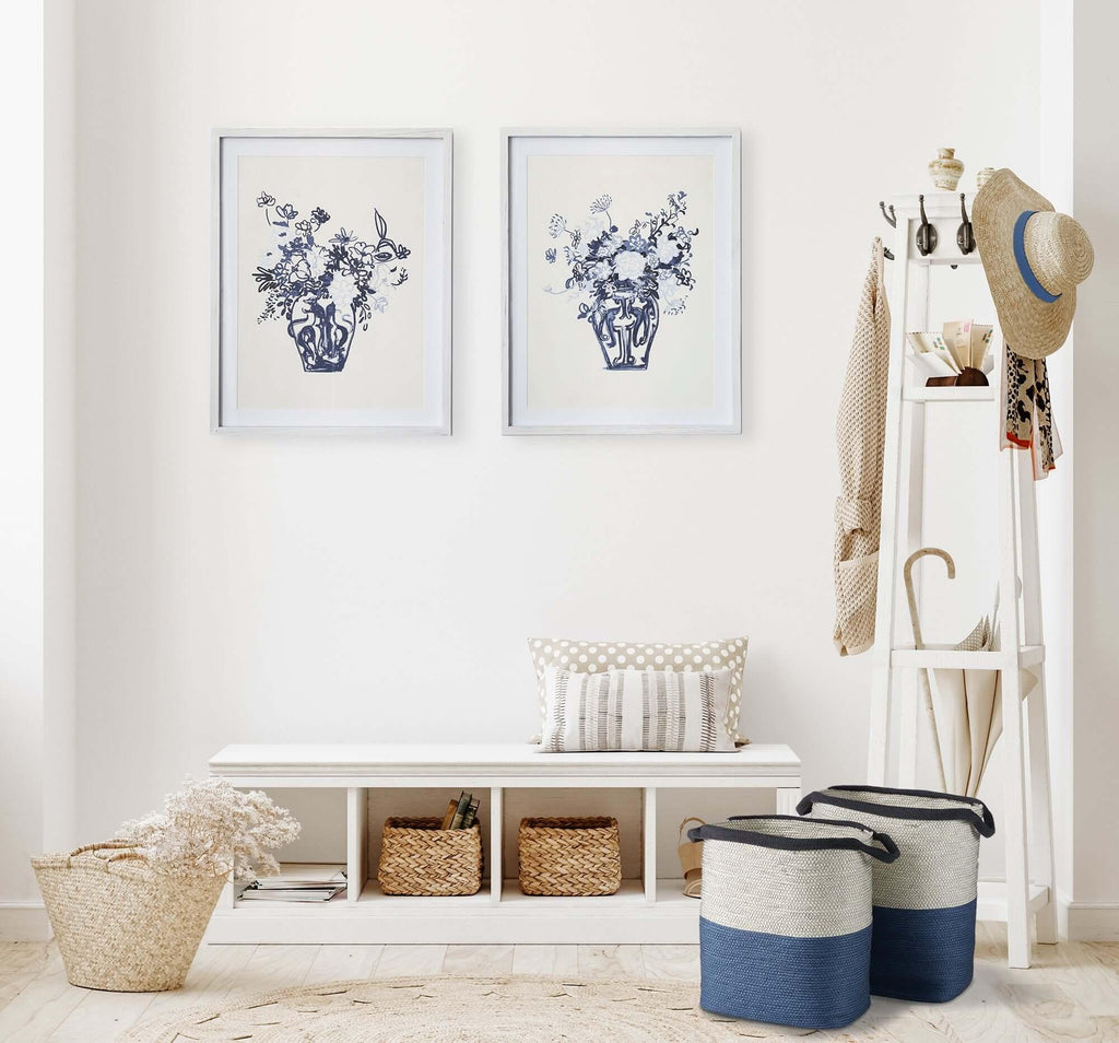 Coastal Blue and Natural Woven Storage Baskets with Handles (set of 2) - House Of Avana