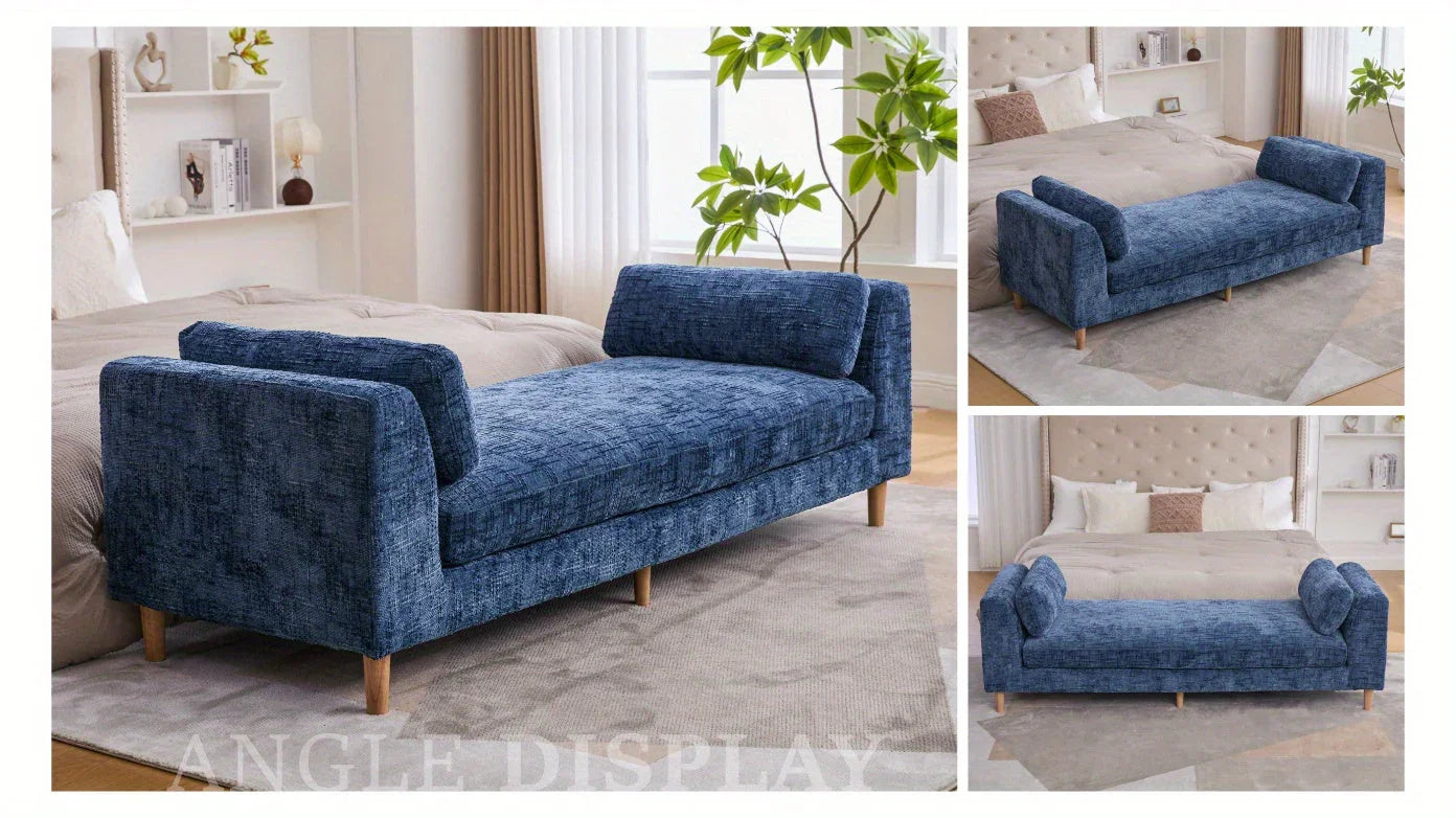 Elegant Blue 7' Chenille Bed Bench with Pillows - House Of Avana
