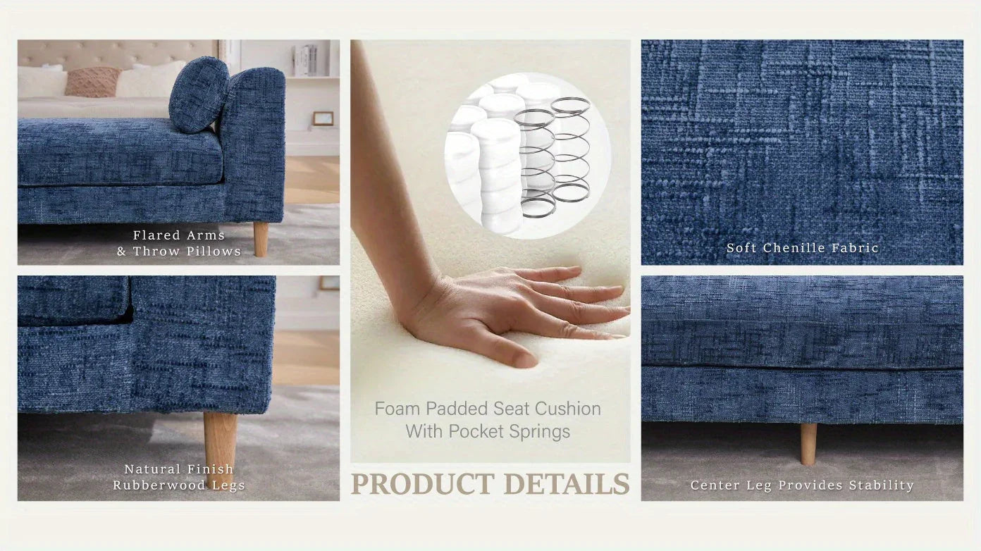 Elegant Blue 7' Chenille Bed Bench with Pillows - House Of Avana