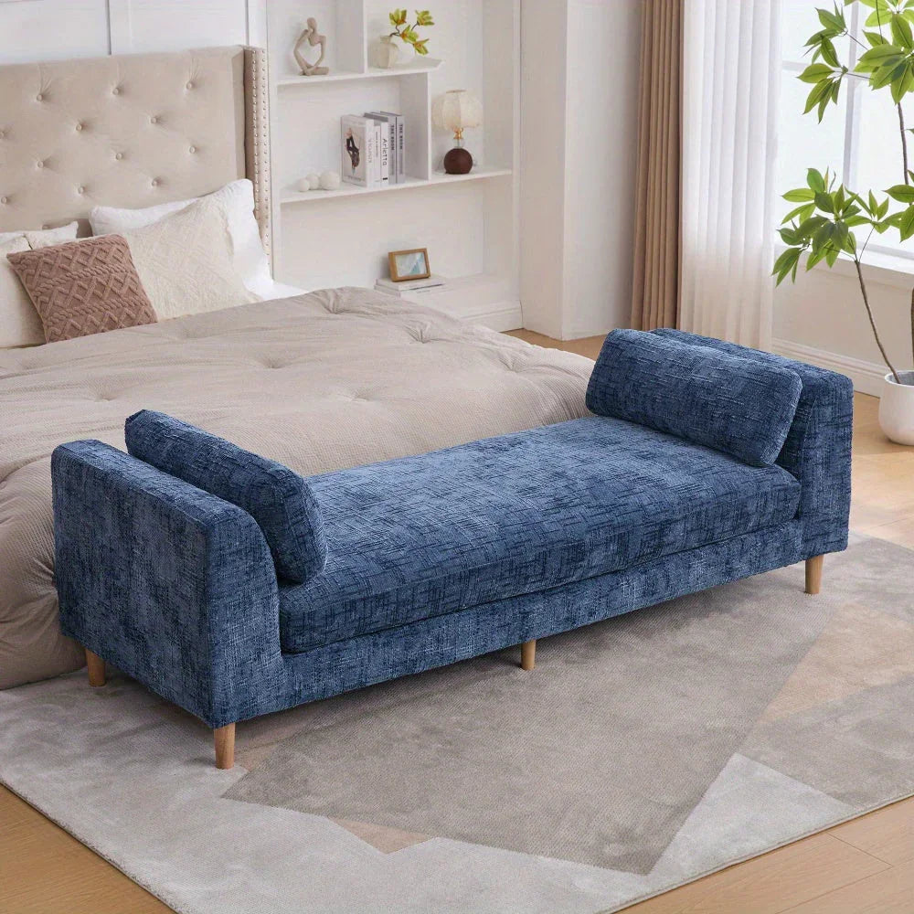 Elegant Blue 7' Chenille Bed Bench with Pillows - House Of Avana