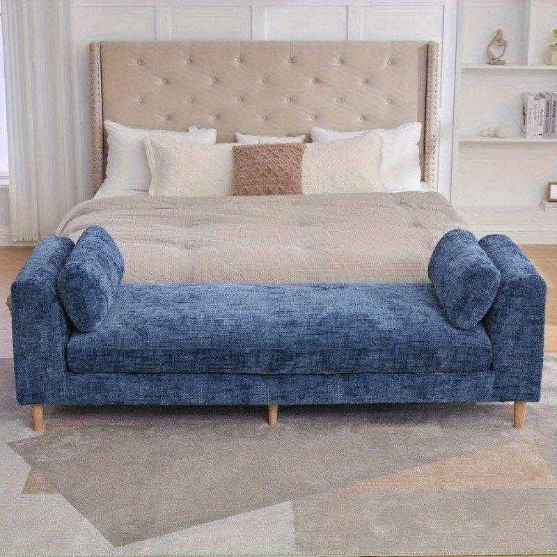 Elegant Blue 7' Chenille Bed Bench with Pillows - House Of Avana