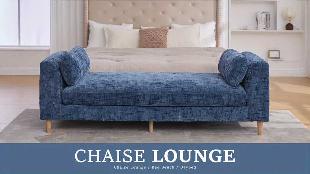 Elegant Blue 7' Chenille Bed Bench with Pillows - House Of Avana