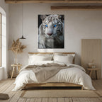 Blue-eyed White Tiger Glass Wall Art – Fierce Wildlife Portrait with Striking Gaze-kafcd016, lifestyle image - House Of Avana