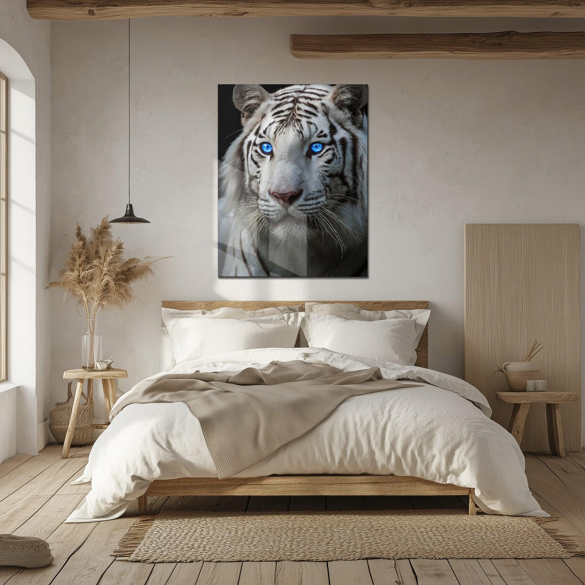 Blue-eyed White Tiger Glass Wall Art – Fierce Wildlife Portrait with Striking Gaze-kafcd016, lifestyle image - House Of Avana
