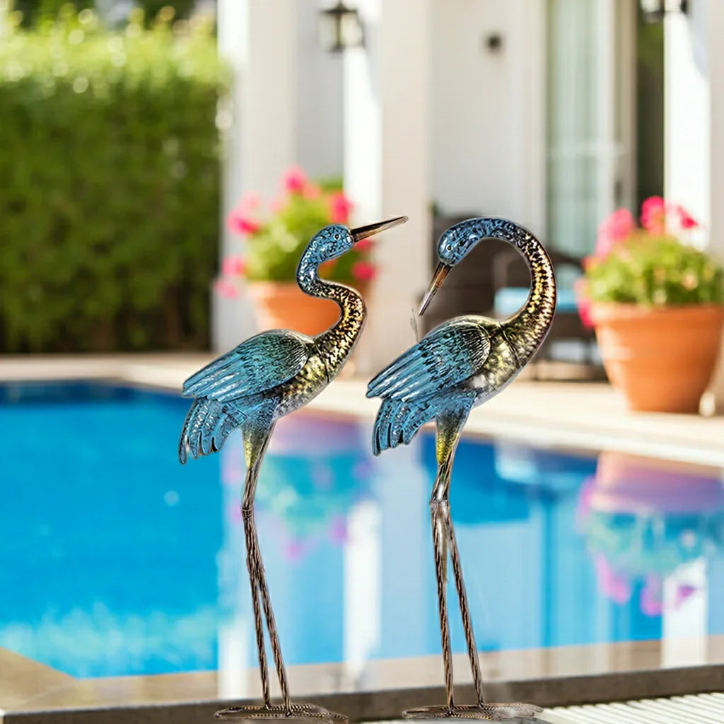 Blue metal crane garden statue with gold accents, decorative bird figurine - House of Avana
