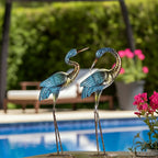 Blue metal crane garden statue with gold accents, decorative bird figurine - House of Avana