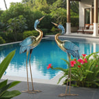 Blue metal crane garden statue with gold accents, decorative bird figurine - House of Avana