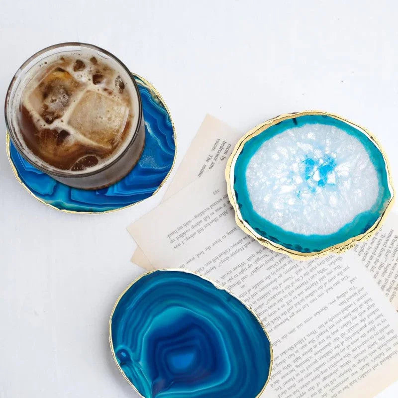 Blue Agate Coasters Set of with Gift Box Luxiv 4 Agate Coasters for Drinks Natural Crystal Coasters with... - House Of Avana
