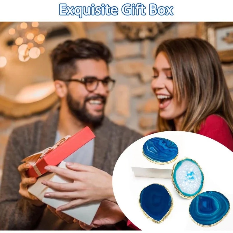 Blue Agate Coasters Set of with Gift Box Luxiv 4 Agate Coasters for Drinks Natural Crystal Coasters with... - House Of Avana