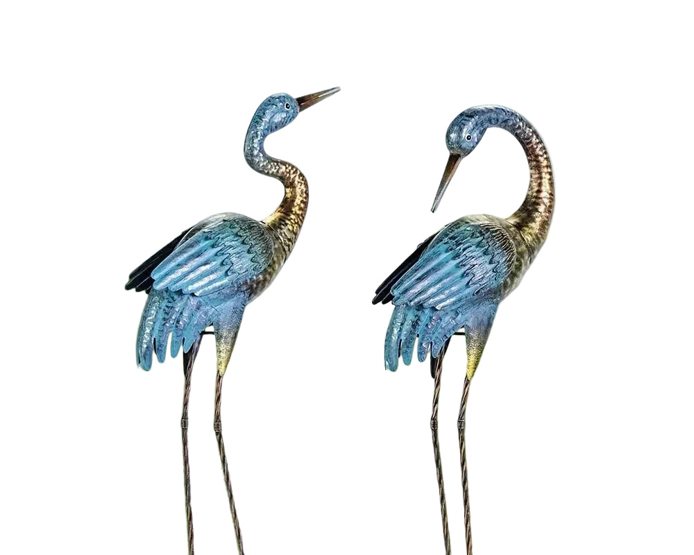 2pc Blue Gold Metal Crane Garden Statue Set - House Of Avana