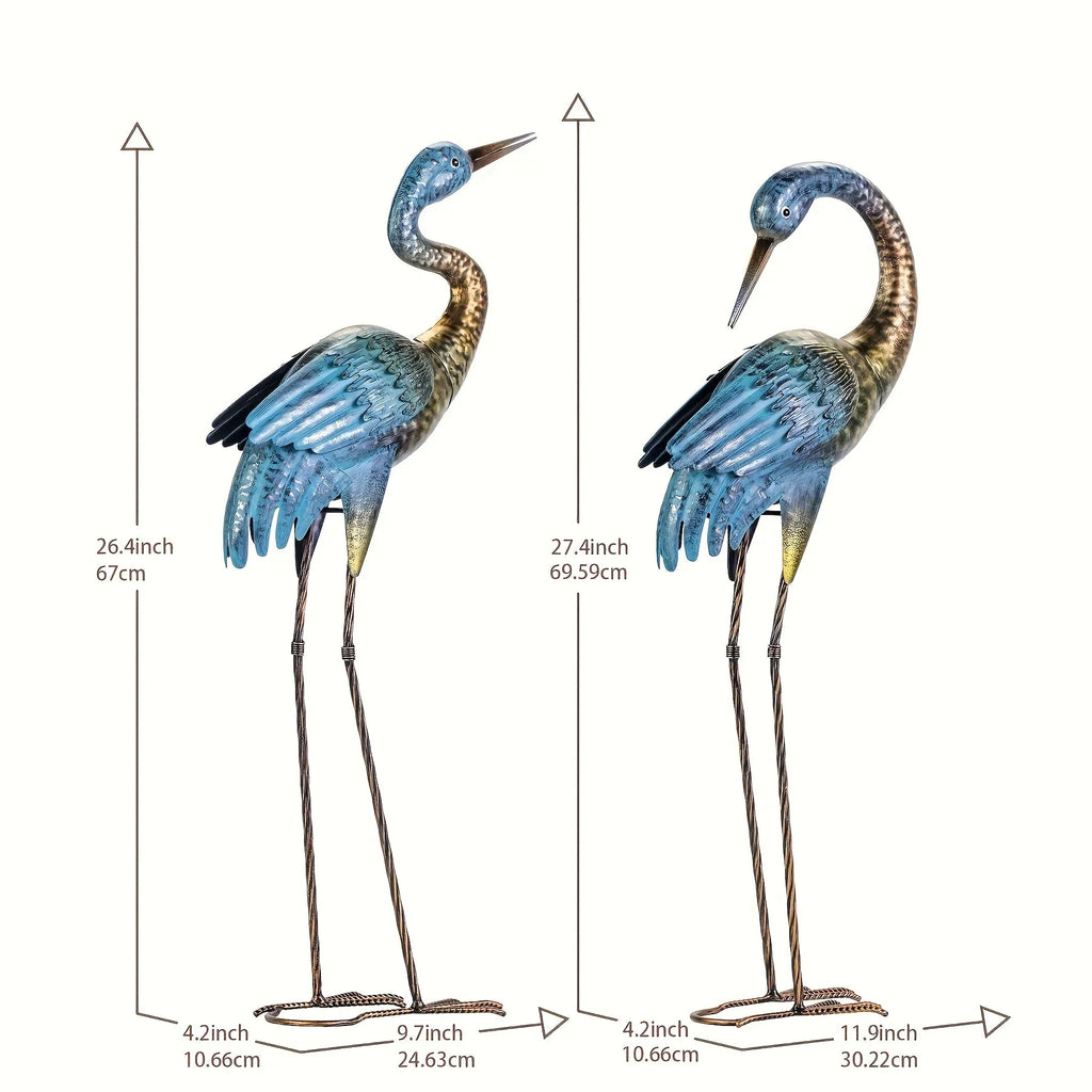 2pc Blue Gold Metal Crane Garden Statue Set - House Of Avana
