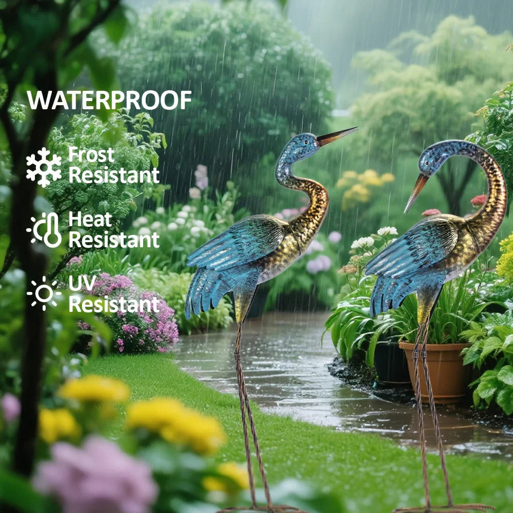 2pc Blue Gold Metal Crane Garden Statue Set - House Of Avana