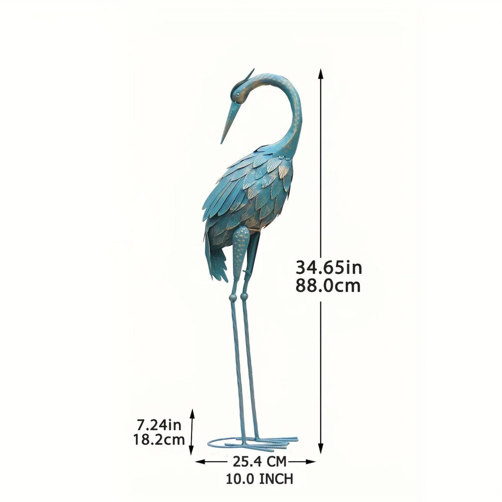 Blue metal crane garden statue, intricately designed bird figurine - House of Avana