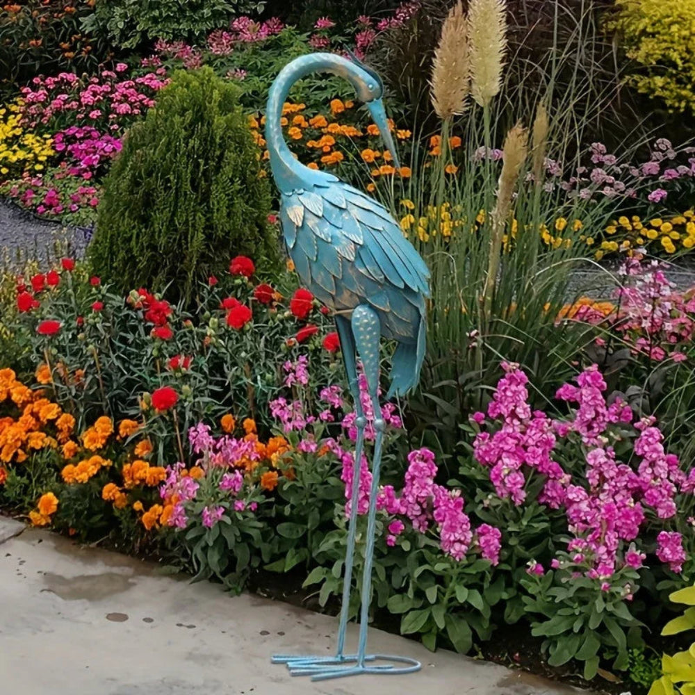 Blue metal crane garden statue, intricately designed bird figurine - House of Avana
