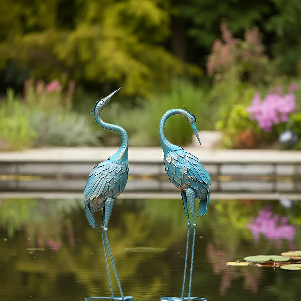 Blue Metal Crane Garden Statues House Of Avana