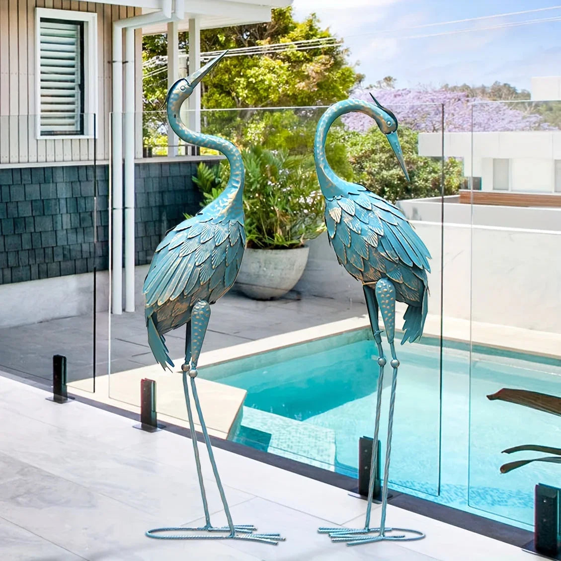 Pair of Blue Metal Crane Garden Statues - House Of Avana