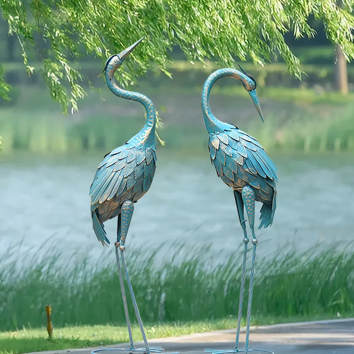 Pair of Blue Metal Crane Garden Statues - House Of Avana
